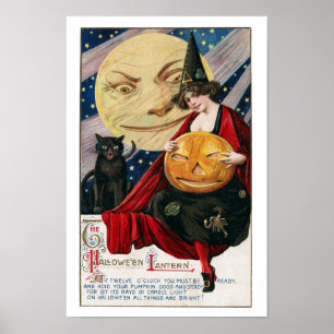 Vintage hübsche Hexe und Jack O'Lantern Halloweens Poster