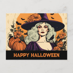 Vintage hübsche Hexenfrau Blumen Frohes Halloween Feiertagspostkarte