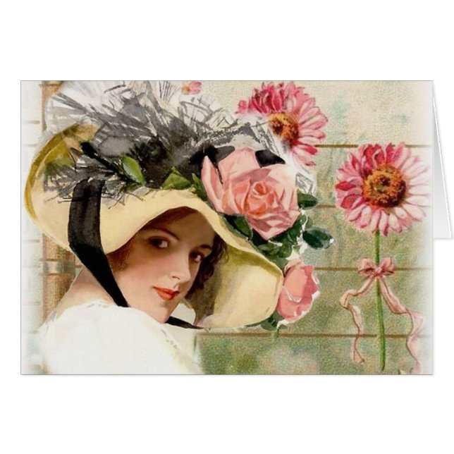 Vintage Hübsche Lady in Flower Hat, (Vorderseite (Horizontal))