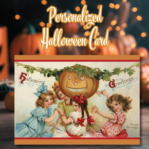 Vintage hübsche Mädchen mit Kürbis Halloween indiv Feiertagskarte