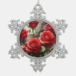 Vintage hübsche rote Rosen Aquarellmalerei Schneeflocken Zinn-Ornament