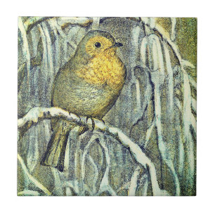 Vintage hübscher Rotkehlchen-Vogel auf einem schne Fliese