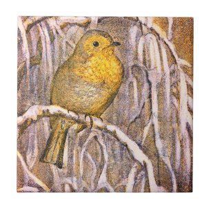 Vintage hübscher Rotkehlchen-Vogel auf einem schne Fliese