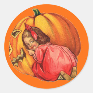 Vintage hübsches kleines Mädchen und Halloween-Kür Runder Aufkleber