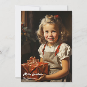 Vintage hübsches Mädchen mit Weihnachtsgeschenk Feiertagskarte