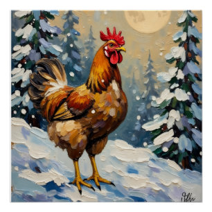Vintage-Huhn im schneebedeckten Weihnachtswunderla Poster