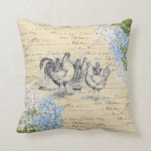 Vintage-Hühner Blaue Blume Postkarten-Wurfkissen Kissen
