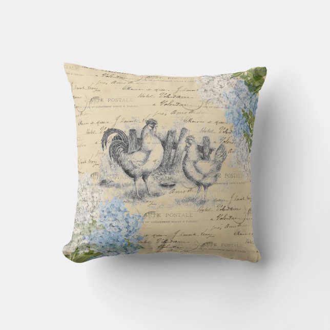 Vintage Hühner Blaue Blume Postkartenwirbel Kissen (Vorderseite)