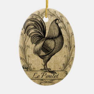 Vintage Hühnerburlap Keramik Ornament