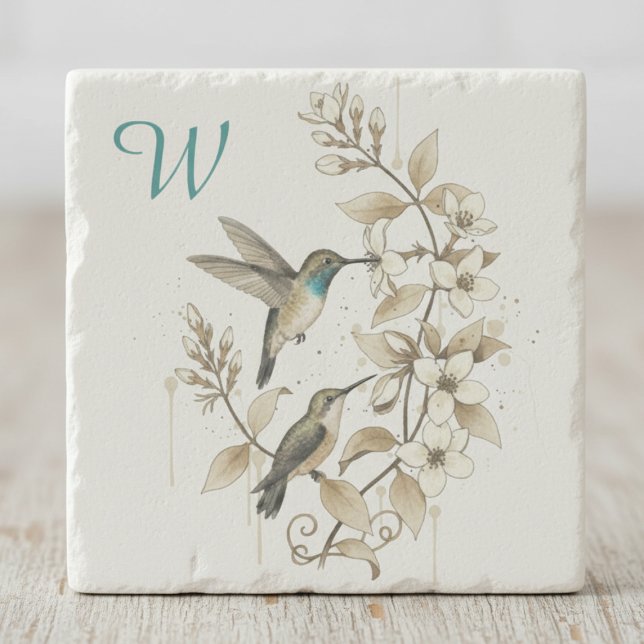 Vintage Hummingbird Botanical Initial Gift Steinuntersetzer (Hummingbird initial stone coaster)