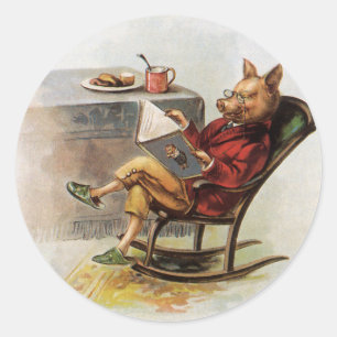 Vintage Humor, Schwein im Schaukelstuhl beim Lesen Runder Aufkleber
