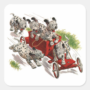 Vintage Humor Süße Dalmatiner Welpen Feuerwehrwage Quadratischer Aufkleber