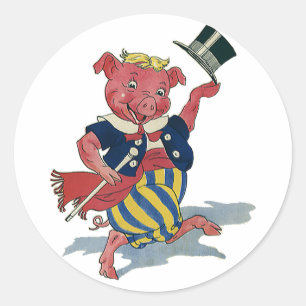 Vintage Humor, süßes glückliches tanzendes Schwein Runder Aufkleber