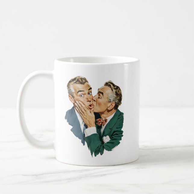 Vintage Humor Überraschende Kuss-Szene Kaffeetasse (Links)