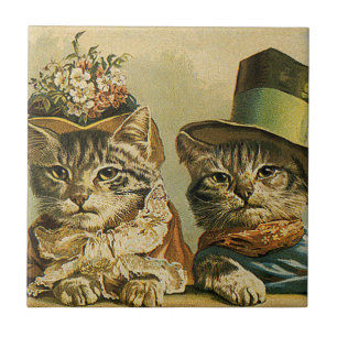 Vintage Humor, viktorianische Braut Bräutigam Katz Fliese