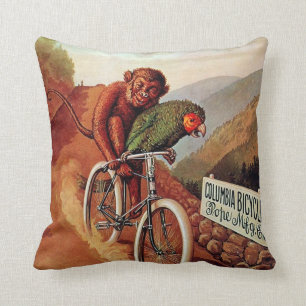Vintage humorvoller Affe Papagei Fahrradfahrt Kissen