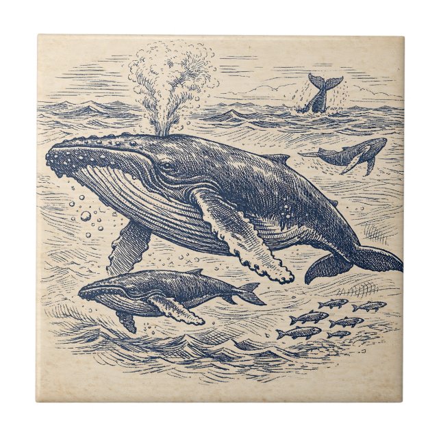 Vintage Humpback Whale Pod Engraving Fliese (Vorderseite)