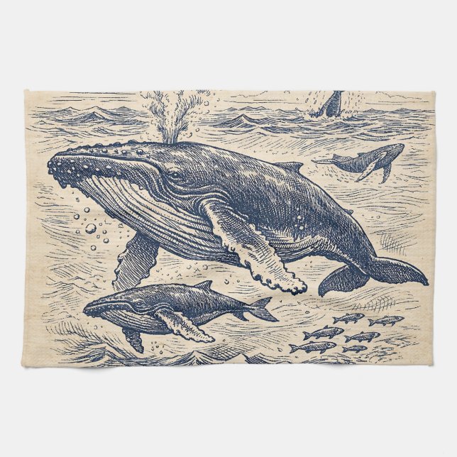 Vintage Humpback Whale Pod Engraving Geschirrtuch (Horizontal)