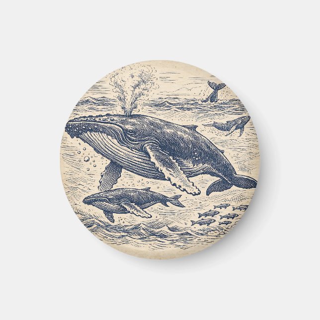 Vintage Humpback Whale Pod Engraving Magnet (Vorne)