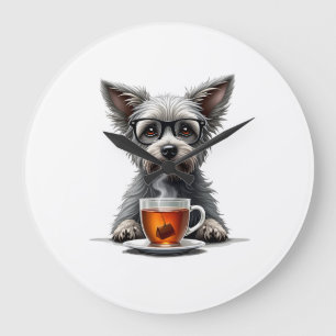Vintage-Hund hält Tee mit Brille Retro-Haustier-Il Große Wanduhr
