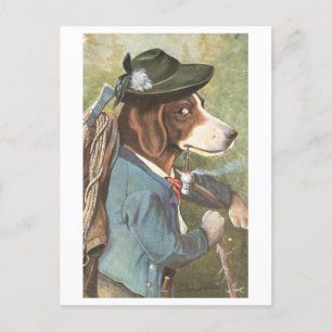 Vintage-Hund in Wanderkleidung Postkarte