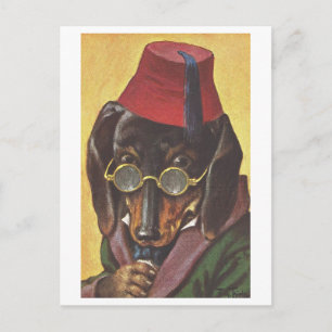 Vintage Hund mit Fez und Brille Postkarte
