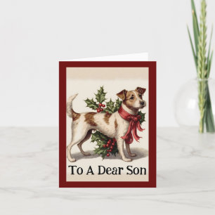 Vintage-Hund mit Stechpalmen-Weihnachtskarte Feiertagskarte