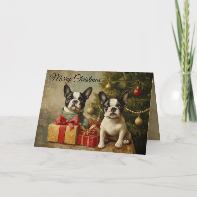 Vintage Hunde Boston Terriers Frohe Weihnachten (Vorderseite)