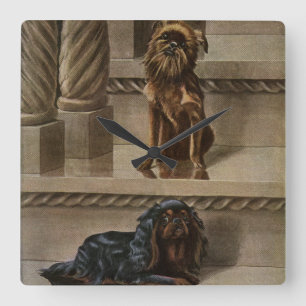 Vintage Hunde, die auf einem Treppenhaus sitzen Quadratische Wanduhr