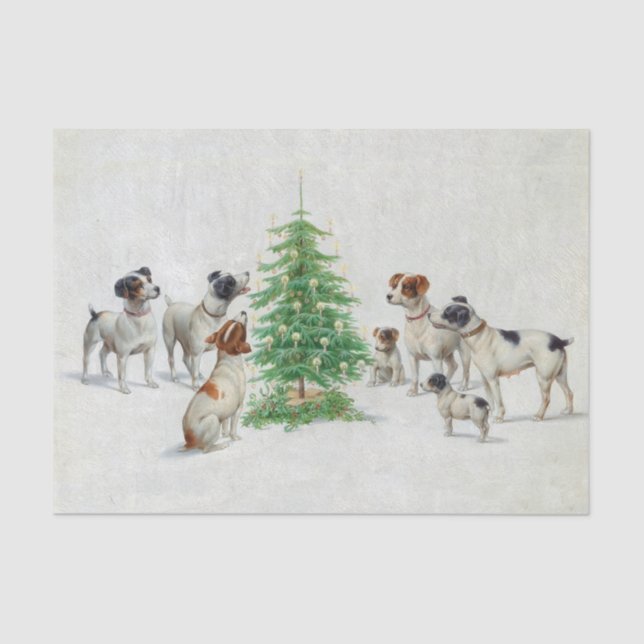 Vintage Hunde um den Weihnachtsbaum Seidenpapier (Vorderseite)