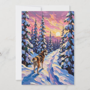 Vintage Husky auf verschneitem Weihnachtswaldweg Feiertagskarte