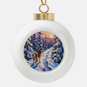 Vintage-Husky auf verschneitem Weihnachtswaldweg Keramik Kugel-Ornament