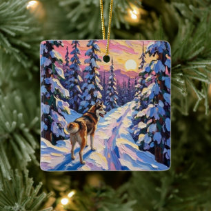 Vintage-Husky auf verschneitem Weihnachtswaldweg Keramikornament