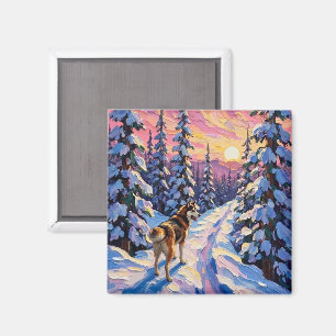 Vintage-Husky auf verschneitem Weihnachtswaldweg Magnet