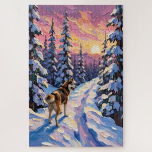 Vintage Husky auf verschneitem Weihnachtswaldweg Puzzle