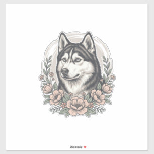 Vintage-Husky-Blumenportrait-Shirt-Design_1 Aufkleber