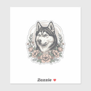 Vintage-Husky-Blumenportrait-Shirt-Design_1 Aufkleber