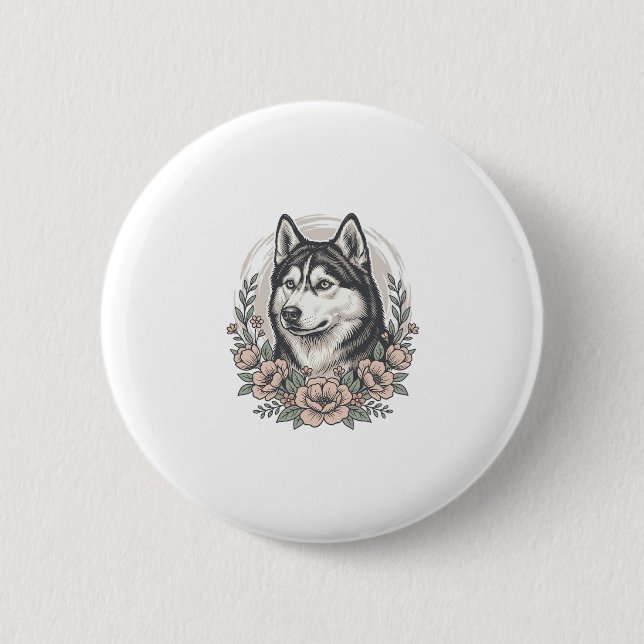 Vintage-Husky-Blumenportrait-Shirt-Design_1 Button (Vorderseite)
