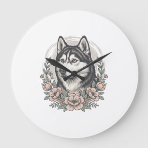 Vintage-Husky-Blumenportrait-Shirt-Design_1 Große Wanduhr