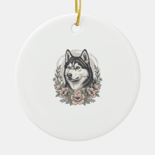 Vintage-Husky-Blumenportrait-Shirt-Design_1 Keramik Ornament