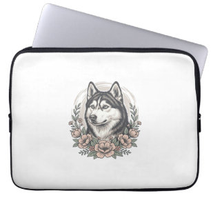 Vintage-Husky-Blumenportrait-Shirt-Design_1 Laptopschutzhülle