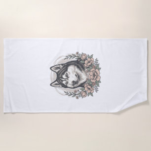 Vintage-Husky-Blumenportrait-Shirt-Design_1 Strandtuch