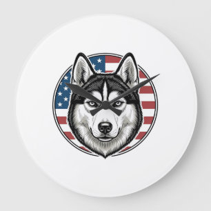 Vintage Husky Patriotischer Hund Vektor-Shirt Desi Große Wanduhr