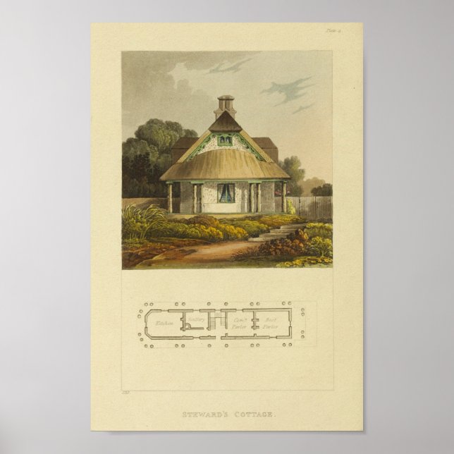 Vintage Hütte 1818 House Design Layout Drucken Poster (Vorne)