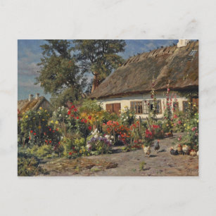 Vintage Hütte Garten mit Blume und Hühnern Postkarte