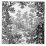 Vintage Hütte Landschaft Toile-Black & White Fliese<br><div class="desc">Klassische Vintage Landschaft toile de jouy Muster mit rustikaler Hütte und Brücke in einer Lichtung gerahmt von einem Baumbestand in schwarz-grauem Farbton auf weißem Hintergrund. Das Muster ist nahtlos und kann nach oben oder unten skaliert werden.</div>