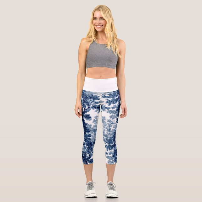 Vintage Hütte Landschaft Toile-Blue & White Capri Leggings (Vorderseite)