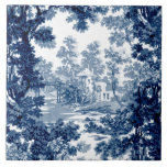 Vintage Hütte Landschaft Toile-Blue & White Fliese<br><div class="desc">Klassische Vintage Landschaft toile de jouy Muster mit rustikaler Hütte und Brücke in einer Lichtung gerahmt von einem Baumbestand in hellen und dunkelblauen Tönen auf weißem Hintergrund. Das Muster ist nahtlos und kann nach oben oder unten skaliert werden.</div>