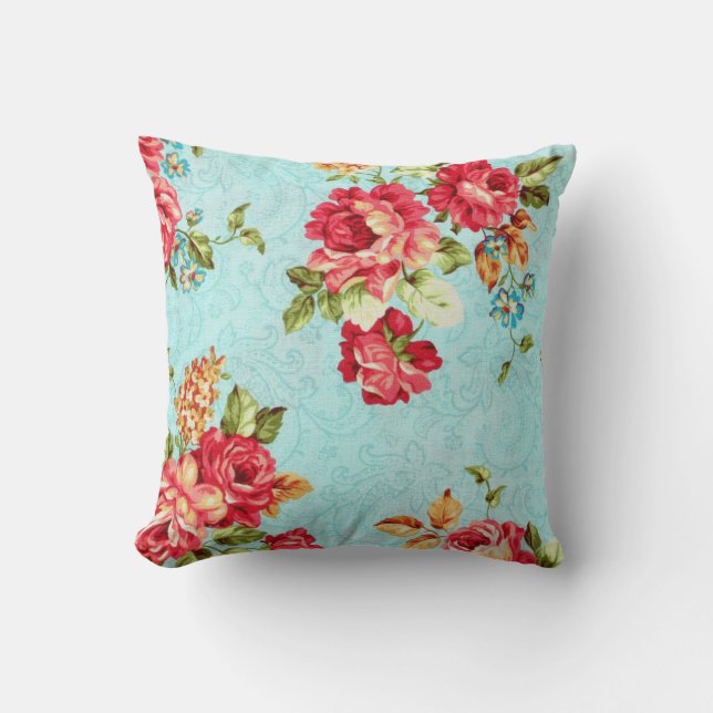 Vintage Hütte Rote Rose Blumendekor Kissen (Vorderseite)