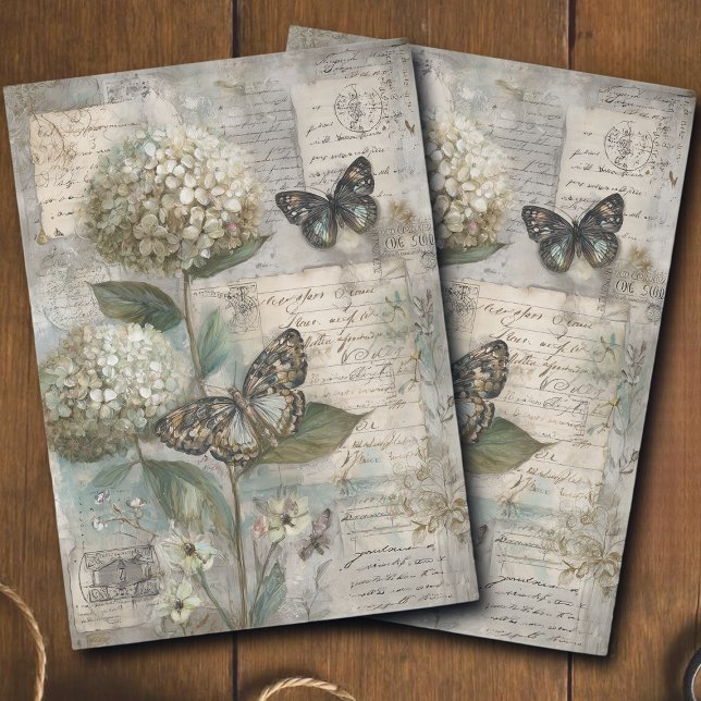 Vintage Hydrangea & Butterfly Ephemera Decoupage Seidenpapier (Von Creator hochgeladen)